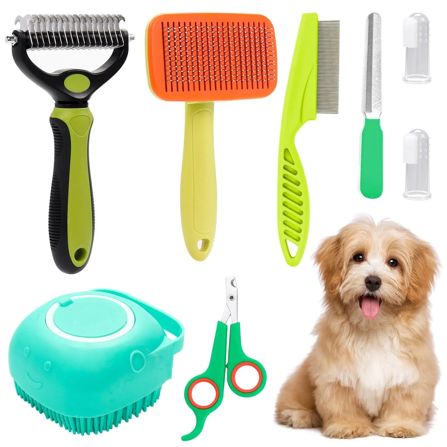 8 - Piece Pet Grooming Kit with Self - Cleaning Brush, Nail Clippers, Bath Brush & More - Meterpet