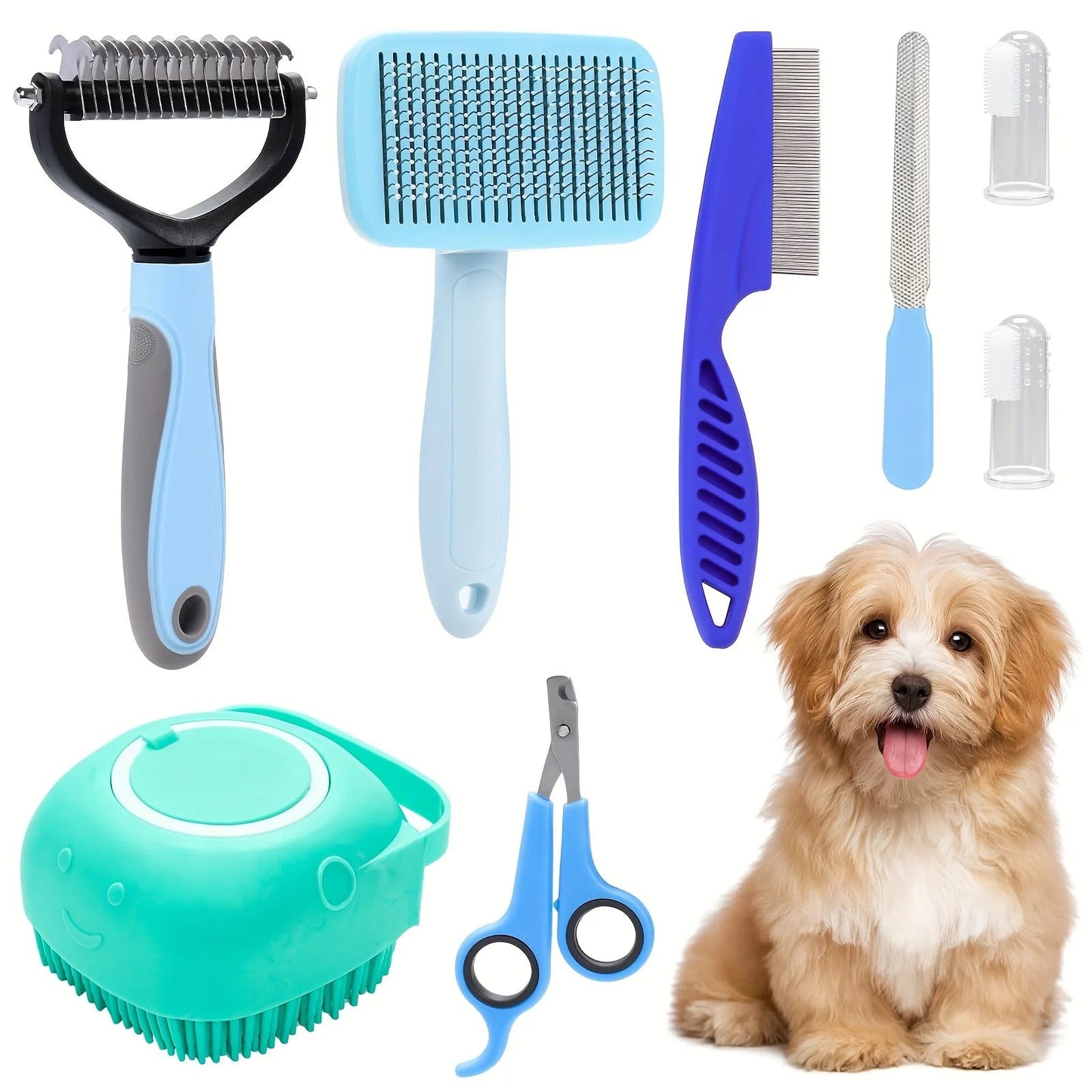 8 - Piece Pet Grooming Kit with Self - Cleaning Brush, Nail Clippers, Bath Brush & More - Meterpet