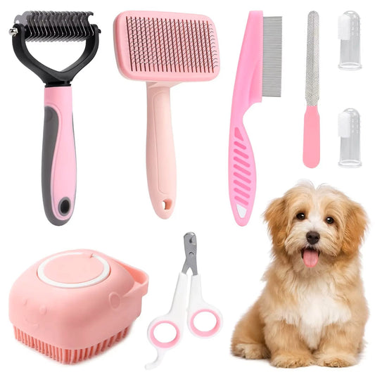 8 - Piece Pet Grooming Kit with Self - Cleaning Brush, Nail Clippers, Bath Brush & More - Meterpet