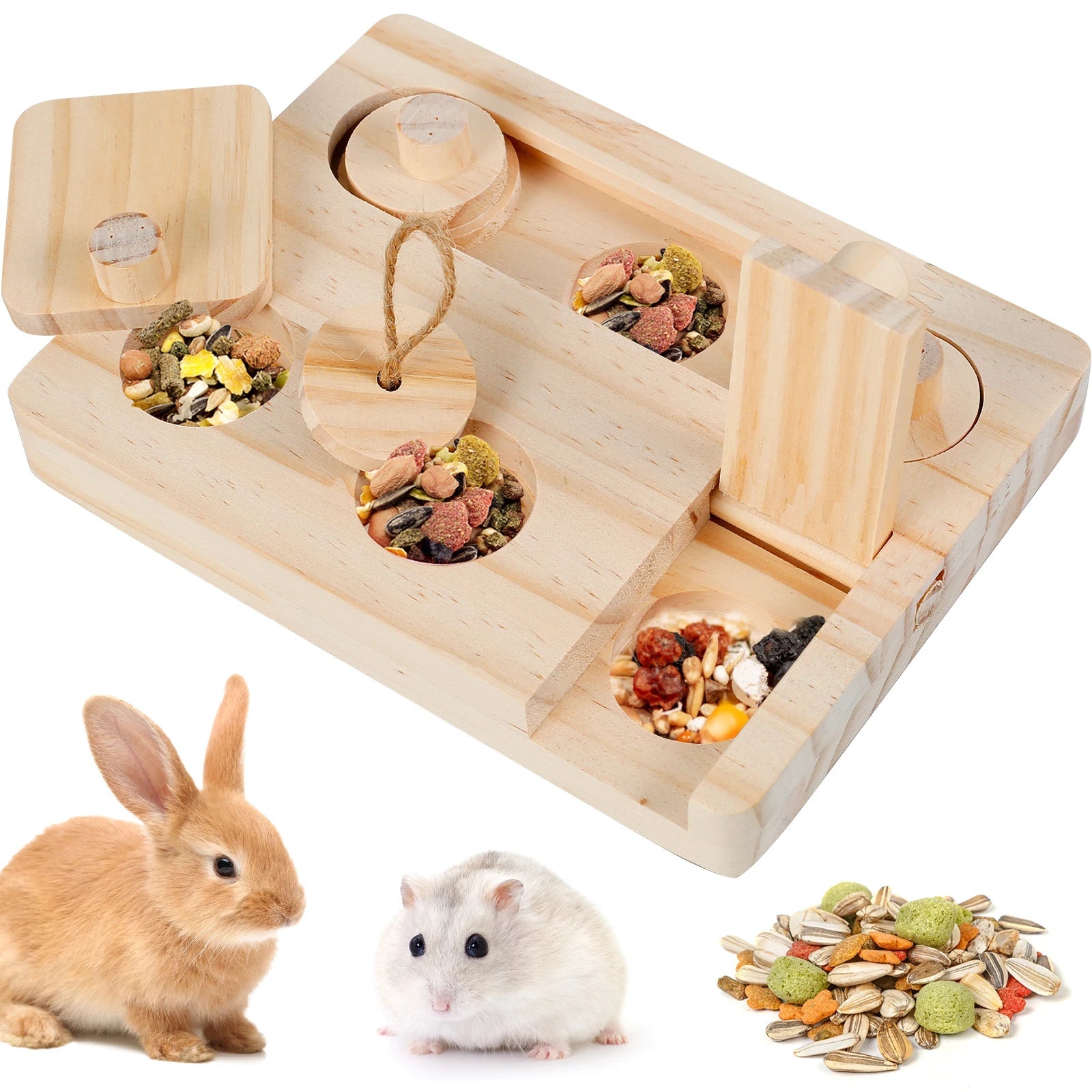 Hamster Toys: 6 - in - 1 Wooden Puzzle - Foraging Feeder and Mental Stimulation - Meterpet